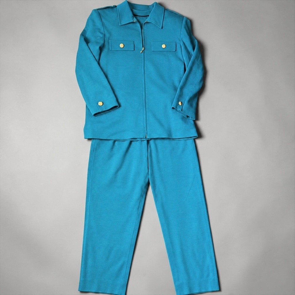 Ancora 3 Piece Pant Suit Womens 14 16 Teal Wool Blend Jacket Sweater Vintage